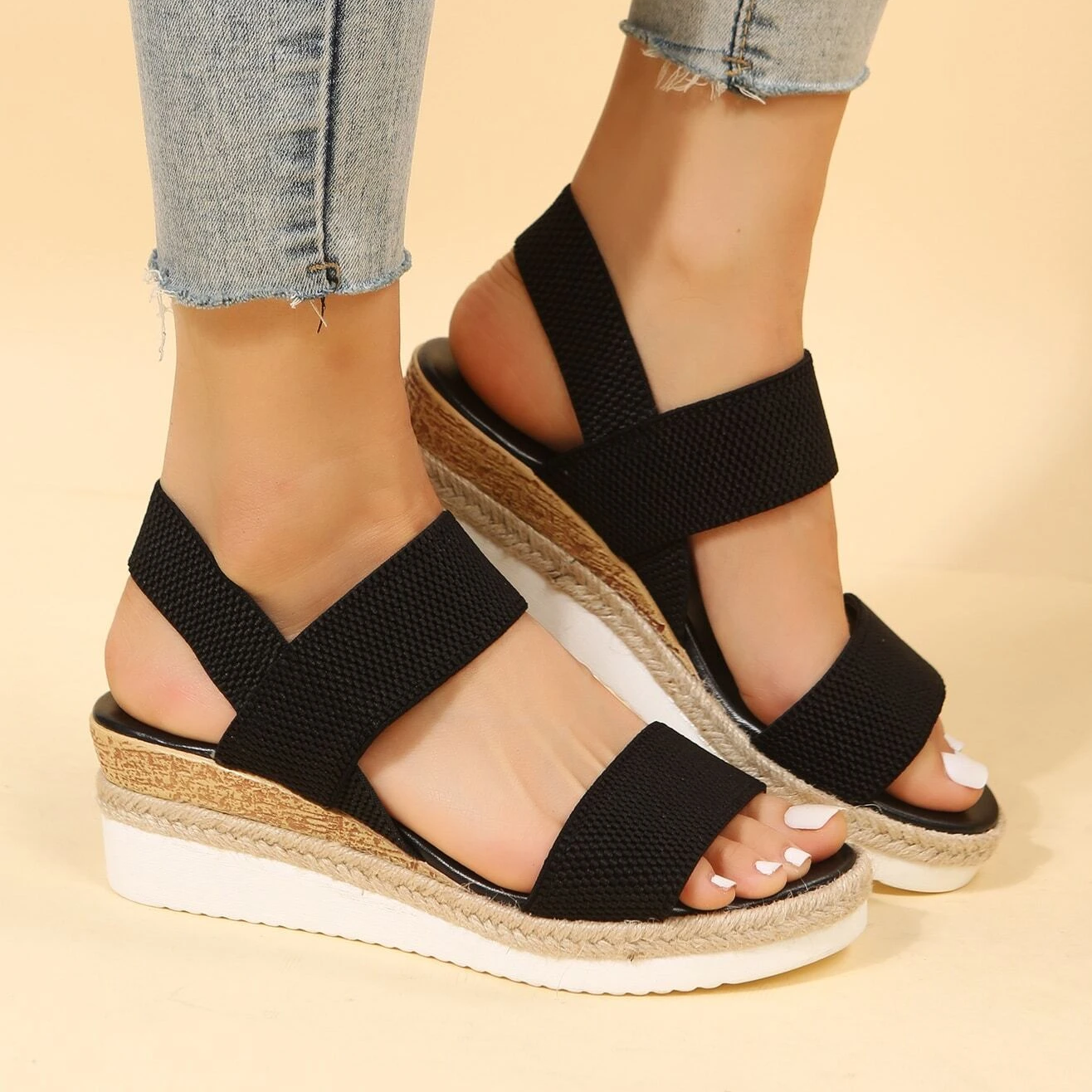 Stretch Peep Toe Casual Side Hollow Slope Bottom Sandals