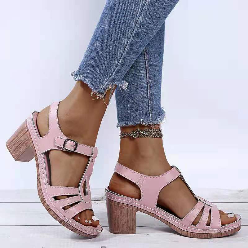 Summer women's metal buckle hollow high-heeled sandals