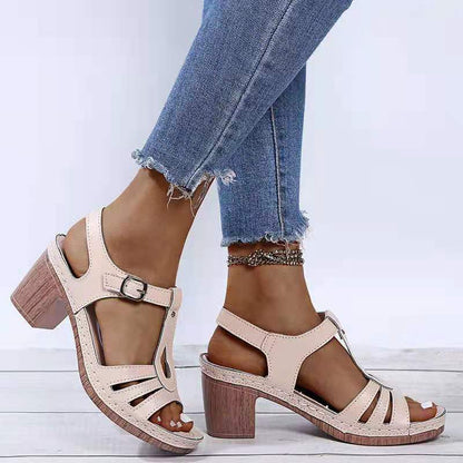 Summer women's metal buckle hollow high-heeled sandals