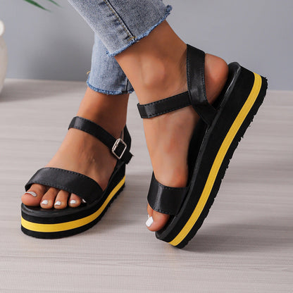 Women's Color Block Round Toe Buckle Sandals