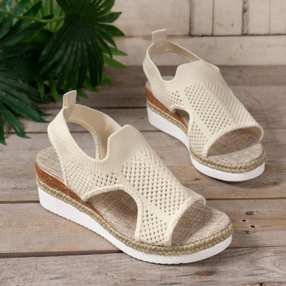 Womens Width Sandals Flat Wedge Heel Fly Weave Casual Hollow Beach Sandals