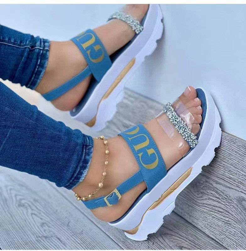 Women's platform sandals with rhinestones