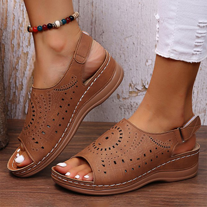 Ethnic Pattern Punched Hollow Velcro Vintage Sandals