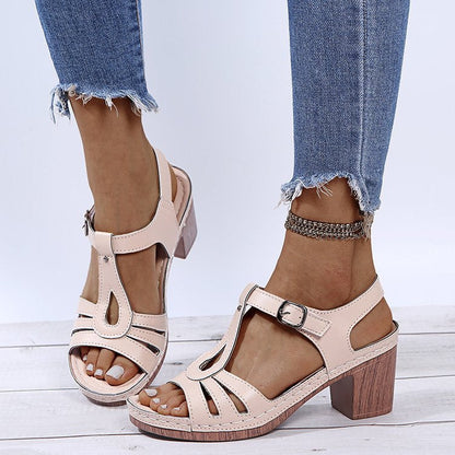 Summer women's metal buckle hollow high-heeled sandals