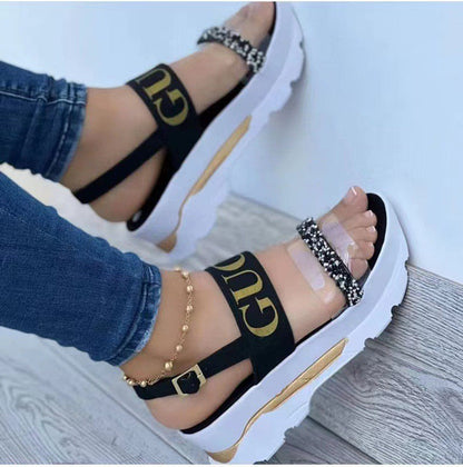 Women's platform sandals with rhinestones