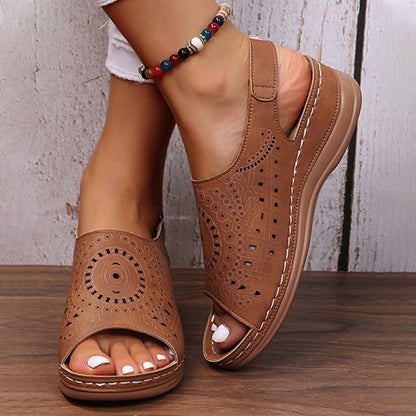 Ethnic Pattern Punched Hollow Velcro Vintage Sandals