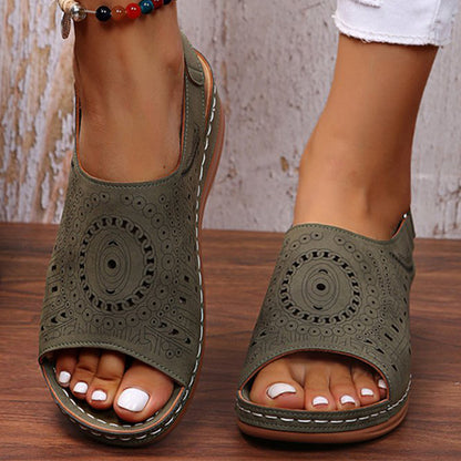 Ethnic Pattern Punched Hollow Velcro Vintage Sandals