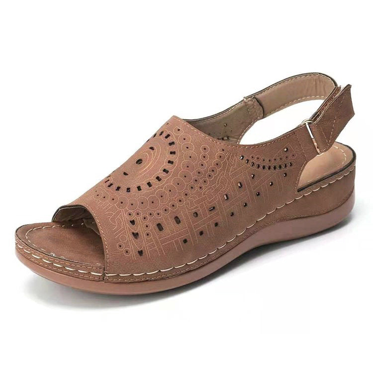 Ethnic Pattern Punched Hollow Velcro Vintage Sandals