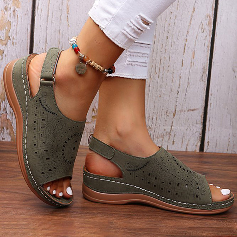 Ethnic Pattern Punched Hollow Velcro Vintage Sandals