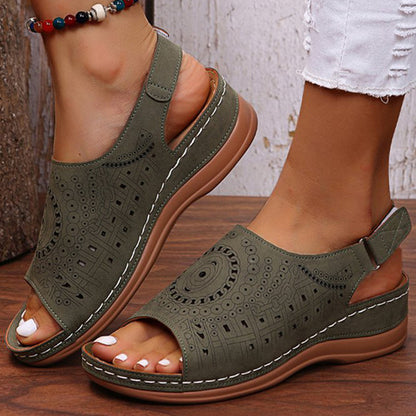 Ethnic Pattern Punched Hollow Velcro Vintage Sandals