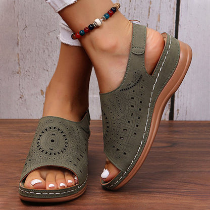 Ethnic Pattern Punched Hollow Velcro Vintage Sandals