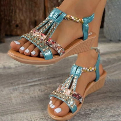 Women's Casual Rhinestone Wedge Round Toe Sandals