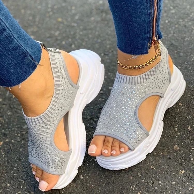 Summer Thick Sole Rhinestone Flying Woven Casual Ladies Sandals