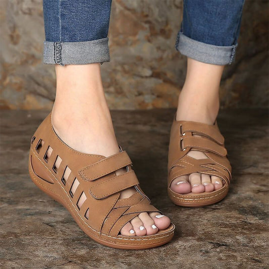 Women's Hollow Open Toe Velcro Wedge Sandals