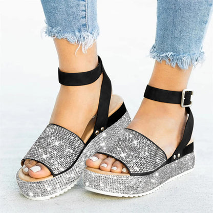 Ladies Rhinestone Buckle Fashion Platform Sandals