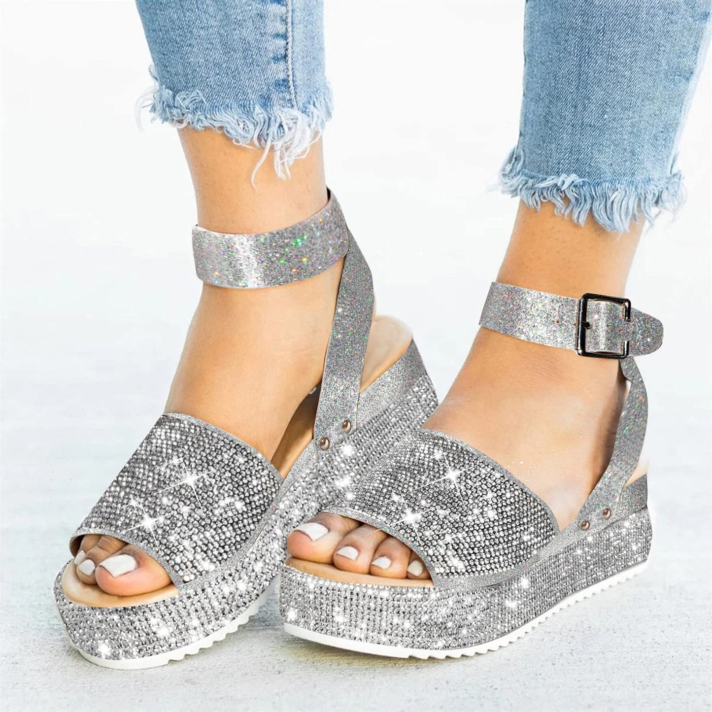 Ladies Rhinestone Buckle Fashion Platform Sandals