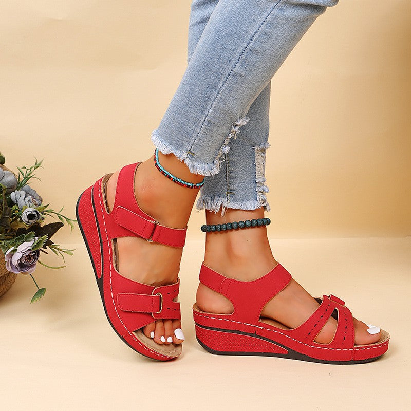 Women's round toe platform Velcro sandals-UK