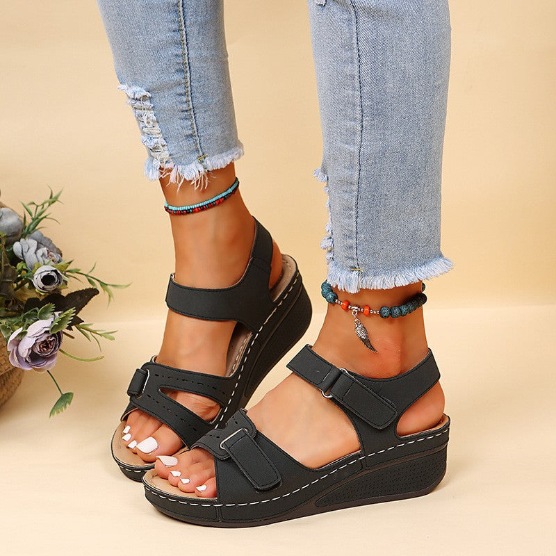 Women's round toe platform Velcro sandals