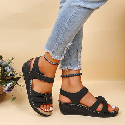 Women's round toe platform Velcro sandals-UK