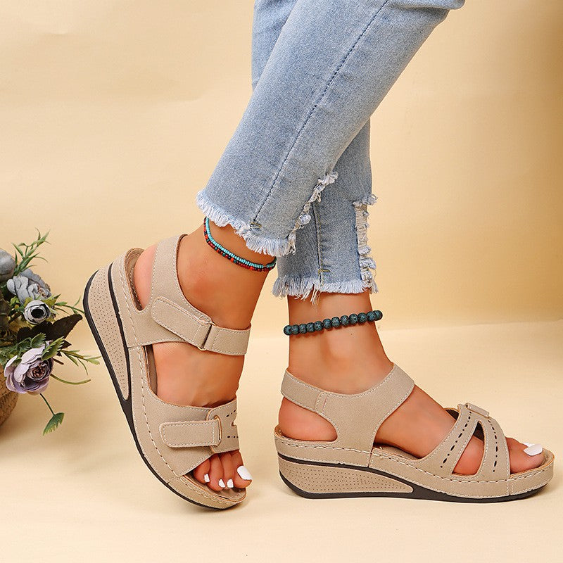 Women's round toe platform Velcro sandals-UK