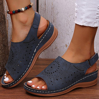 Ethnic Pattern Punched Hollow Velcro Vintage Sandals