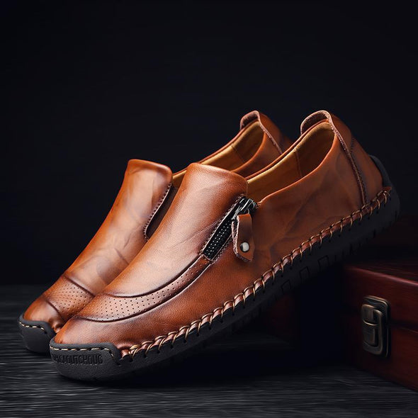 Men Hand Stitching Zipper Slip-ons Leather Shoes