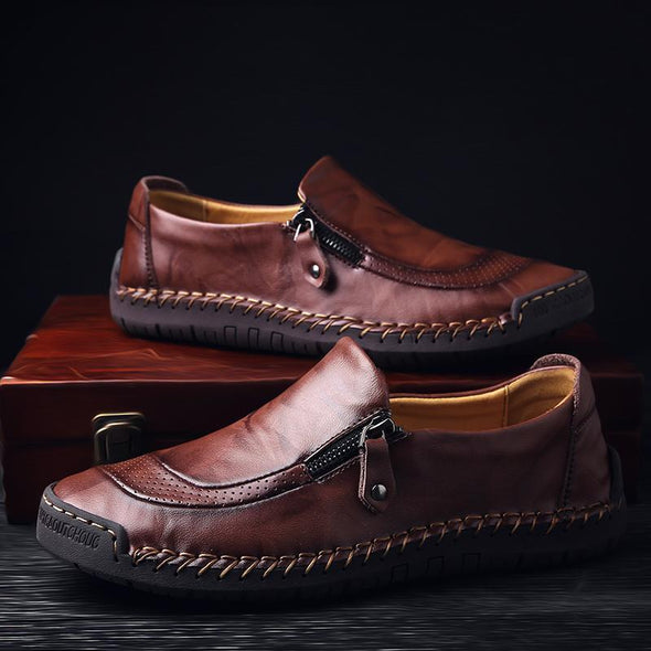 Men Hand Stitching Zipper Slip-ons Leather Shoes