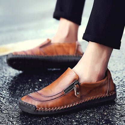 Men Hand Stitching Zipper Slip-ons Leather Shoes