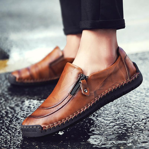 Men Hand Stitching Zipper Slip-ons Leather Shoes