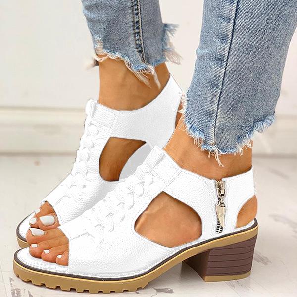 Peep Toe Cutout Zipper Chunky Heeled Sandals